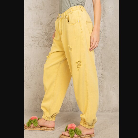 POL Pants - P388 POL *LAST PAIR* Honey Yellow Distressed Denim Joggers